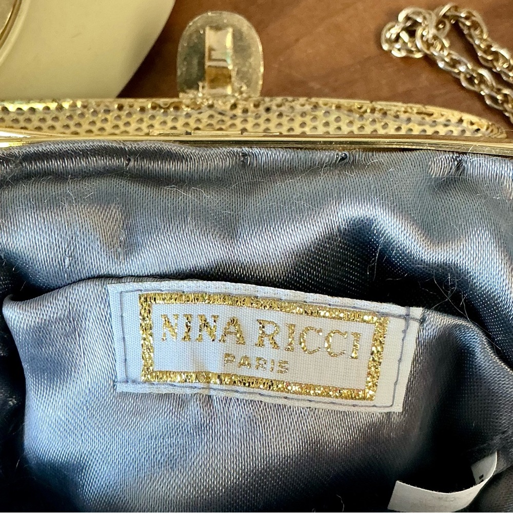 Vintage Nina Ricci Paris Pewter Beaded Evening Bag Gold-Tone Metal Clasp Frame - Picture 12 of 13